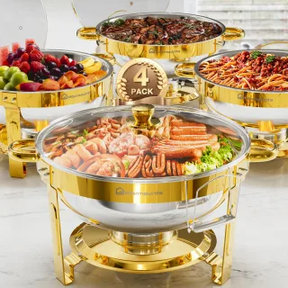 Warmounts Gold Chafing Dishes for Buffet with Glass Lid (5QT, 2/4 Pack), Round Chafer & Warmer Set with Lid Holder, Poli