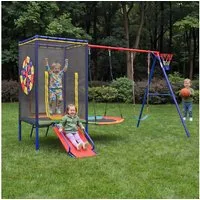 BlingBin Schaukelkombination 5in1 Outdoor Spielplatz Kinder, (1-tlg., Kinder Garten Spielgerät mit Sicherheitsnetz für 3–8 Jahre), Trampolin, Rutsche, Doppelschaukel & Basketballkorb, inkl. Bodenanker