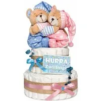 dubistda-WINDELTORTEN- Neugeborenen-Geschenkset Windeltorte Zwillinge Bärengeschwister (2 x Baby Musikspieluhr Bär) 50-teilig