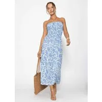 SASSYCLASSY Midikleid Gesmoktes Bandeau-Kleid mit Print Damen trägerloses Midikleid mit gerafftem Bustier jeansblau
