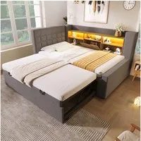 Odikalo Schlafsofa Schlafcouch 90x200 mit LED Ausziehbett und Stauraum, Polsterbett Bett 90x200 cm mit Ausziehbett 90x190, und LED-Beleuchtung,Struraumbett, L-förmigem Kopfteil mit Stauraum, beidseitig montierbar, Lattenrost, Leinen, (Ohne Matratze)