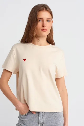 Damen Baumwoll Rundhalsausschnitt T-Shirt mit Stickerei