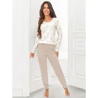 Donna Pyjama Langarm Schlafanzug in zarten Ecru-Tönen 100% Baumwolle, Made in Europa