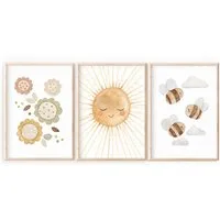 Pipapier Poster 3er Posterset "Sommer", Kinderzimmerbilder, Kinderbilder, Bilderset, Sonne Blumen und Bienen, Sommerbilder in A4 oder A3