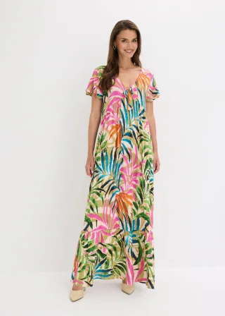 bonprix Jerseykleid aus softem Viskose-Mix, weiß, Gr.36/38 (S), sommerlich bedrucktes Jerseykleid in Maxilänge mit Volant am Saum, aus Viskose
