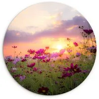 MuchoWow Gemälde Blumen - Rosa - Sonnenuntergang - Natur - Wiese - Horizont, Fotodruck (1 St), Kreis Wanddekoration, Rundes Wandbild, 30x30 cm