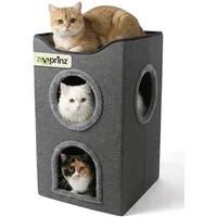 Zooprinz Katzenhaus Katzenhöhle Kira, Liegefläche, Wendekissen, faltbar, zweistöckig, 36 × 36 × 60,5 cm, Anti-Rutsch-Boden, Leinenstoff, Grau