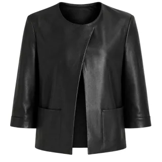 Ted Baker Obino Kurzarm-lederjacke Aus Schwarzem Leder Mit Offener Vorderseite
