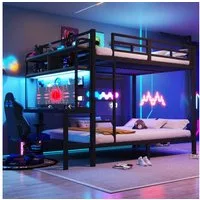 Flieks Etagenbett, Kinderbett Metallbett 140x200cm mit Stauraumregal Schreibtisch LED&USB