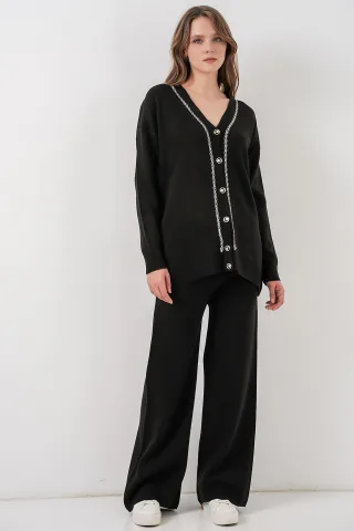 V-Ausschnitt Cardigan und Weit geschnittene Hose Set