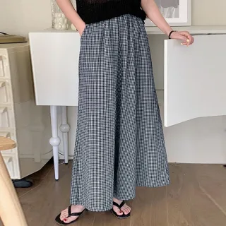 ZANZEA Womens Geometric Printed Wide Leg Pants Vintage Elastic Waist Straight Pleated Trouser Loose Fit