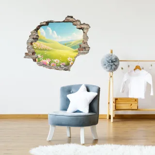 queence 3D-Wandtattoo "Wiese im Frühling" Selbstklebender Wandsticker Ostern Wanddurchbruch 60x50cm