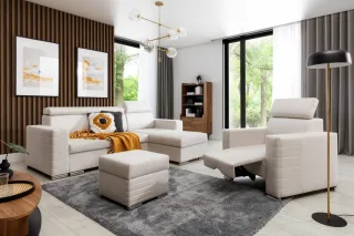 Ecksofa inkl. Hocker und Sessel CANTON Stoff Liverpool Pearl Ottomane Rechts