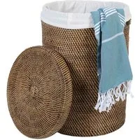 Casa Moro Wäschekorb Rattan Wäschebehälter CLEO BRAUN mit Deckel & Innenfutter (Designer Weide Korb, Aufbewahrungskorb Rattankorb geflochten rund), Boho Chic Wäschesammler mit Griff