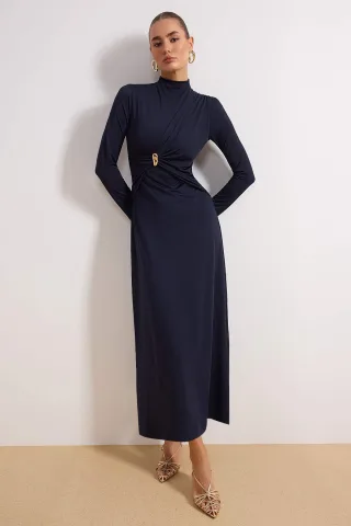 Marineblaues, flaches, langes, figurbetontes Hijab-Kleid für Damen, lässig/alltagstauglich