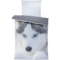 One Home Bettwäsche Fotodruck, Mikrofaser, 2 teilig, Husky Schnee Hunde Tiere, Knitterfrei Weich für Sommer und Winter