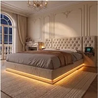 PXloue Polsterbett Modernes Polsterbett mit LED-Beleuchtung (Chesterfield-Design), Bettkasten, Ladefunktion, Leinen, 160x200 cm