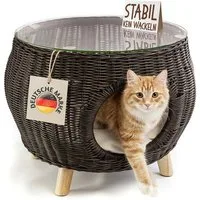 Petigi Tierhaus Rattan Couchtisch Wohnzimmertisch mit Tierbett Katzenhöhle braun Rund