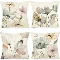 LuxusKollektion Dekokissen Kissenbezug 50x50 4er Blumen Aquarell Leinen A246 50 x 50 cm 4 Stück