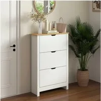 HOMCOM Schuhkipper Schuhregal mit 3 Klappen für 18 Paar Schuhe (Schuhständer, 1 St., Schuhkipper), für Flur, Eingangsbereich Weiß+Natur 72 x 26 x 112 cm