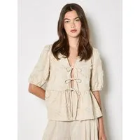 Apricot Blusentop Bluse aus Leinenmischung mit Stickerei