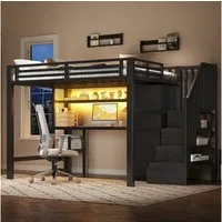 Merax Hochbett mit LED-Beleuchtung und Stauraum (1-St., Kinderbett Eisenbett Jugendbett Hausbett Einzelbett) Metallbett 140x200cm mit Treppe, Schreibtisch, Kleiderschrank & Regal