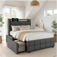 Flieks Polsterbett, LED-Beleuchtung Einzelbett 90x200cm mit Ladefunktion und 2 Schubladen