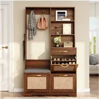 Merax Garderoben-Set mit Rattan-Front, Flurgarderobe mit Schuhschrank mit 3 Klappen, (1-St., 100 x 30 x 170 cm (L x B x H), Garderobenschrank mit Sitzbank,Kleiderhaken, Schublade,offenen Regalen