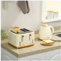 HOMCOM Toaster Wasserkocher Frühstück-Set: 1,7L, 4 Scheiben, 7 Bräunungsstufen, 4 Schlitze, für 4 Scheiben, 2200 W, Auftau-, Aufwärm- und Krümelschublade, Otter-Thermostat, Beige