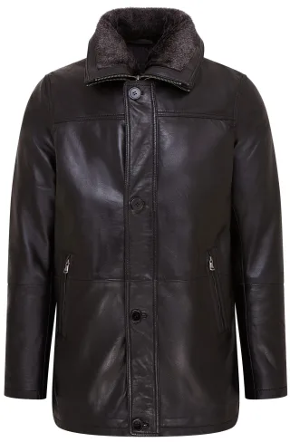Schwarzer, mittellanger, warmer Trenchcoat aus Leder für Herren - Varkaus