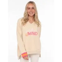 Zwillingsherz Hoodie "Positive Mind" neonfarbenen Bündchen, V-Ausschnitt, Seitenschlitze, Langarm