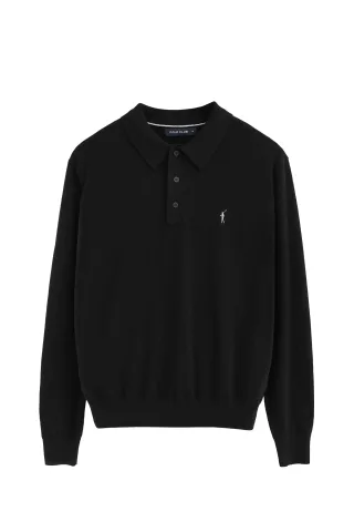 Pullover schwarz mit Polokragen aus Wollgemisch mit gesticktem Rigby Go-Logo