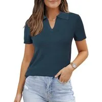 Arach&Cloz Poloshirt Damen Wollmischung Poloshirt Kurzarmpullover Strickpullover Volltonfarbe V-Shirt Tops Business Casual Kurzarmshirt Wollpullover