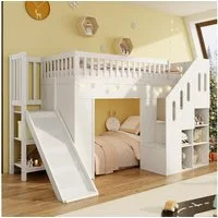 Merax Hochbett 90×200cm mit LED-Lichtleiste (1-St., Etagenbett Stockbett Jugendbett Einzelbett Hausbett) Massivholz Kinderbett mit Rutsche, Stauraumtreppe & Rausfallschutz