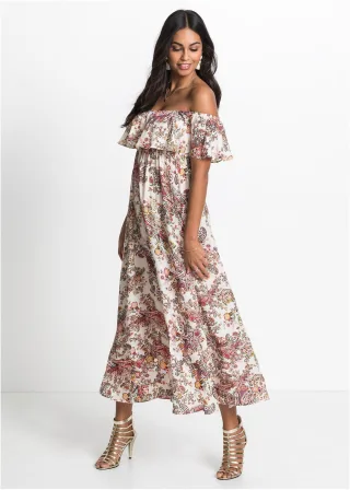 bonprix Carmen-Kleid aus fließender Viskose, beige, Gr.46, Charmantes Carmen-Kleid mit großem Volant und betonter Taille, aus Viskose