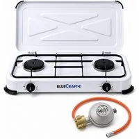 BlueCraft Gaskocher 2 flammig mit Zündsicherung 50mbar Propan Gas Campingkocher 4,4 kW, (mit Schlauch 100 cm und Gas Regler Druckminderer), Camping Gas Kocher 2 flammen für Gasflasche Gasherd Gas-Kochfeld