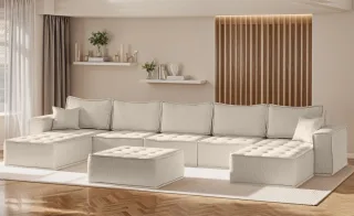 Wohnlandschaft Sofa U-Form Modulsofa-Set 6-teilig SANDE Stoff Alpine Beige