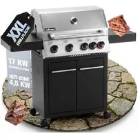 Flammenwerk Gasgrill Grill 4+1 Brenner – 17kW Gesamtleistung, LED-Beleuchtung, Hot Zone & Seitenkochfeld + Gusseisen Grillrost