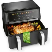GOURMETmaxx Heißluftfritteuse GOURMETmaxx Heißluft-Fritteuse 2800W schwarz/Edelstahl Vario-Doppelkammer 10l, 2800 W, Heißluftfritteuse XXL - 10 Programme - 8° geneigter Colour-Touchscreen