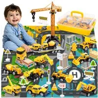 Wootoy Spielzeug-Baumaschine Baustellenfahrzeug-Set Spielzeug-Bagger Spielwelt Lernspielzeug, (mit verschiedenen Baustellenfahrzeugen und Verkehrsschildern, 26-tlg., Kranwagen Betonmischer Bulldozer Muldenkipper Straßenwalze), mit praktischer Aufbewa