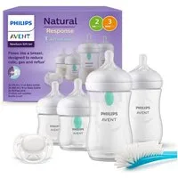 Philips AVENT Babyflasche Natural Response Flaschen-Set Air-Free Ventil SCD657/11, 4 Flaschen mit AirFree-Ventil, ultra soft Schnuller, Flaschenbürste