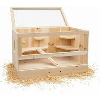 Mucola Kleintierkäfig Nagerkäfig mit 2 Ebenen für Hamster & Kaninchen Gitterkäfig Naturholz, Plexiglas-Front, 2 Ebenen und integriertes Häuschen