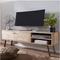 FINEBUY Lowboard FB51245 Massives TV-Board 145cm Mango Massivholz hell Fernsehschrank (Fernsehschrank mit 2 Türen, Unterschrank TV Möbel), Mango Massivholz Landhaus TV Kommode 145x47x35 cm