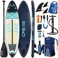 CFB SUP-Board Set 320x84x15 cm extra breit, Bis zu 160 kg, aufblasbar Stand Up Paddle Board, (iSUP Komplett-Set, 12 tlg., mit Alu Paddel, Pumpe, Rucksack, Leash, 5L Dry Bag und Schultergurt), Paddleboard aufblasbar für Anfänger & Erwachsene