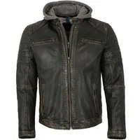 Lederjacken24 Lederjacke Zenon-1 Herren Lederjacke Lammnappa Bikerjacke Kapuze schwarz-beige