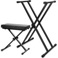 Classic Cantabile Keyboardständer - doppelstrebiges Keyboardstativ, (Deluxe Set, 2-tlg., inkl. Keyboardbank), 5-fach höhenverstellbar - Bequeme Sitzbank für E-Piano / Stagepiano