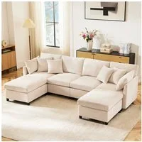 Merax Ecksofa U-förmiges Sofa aus Chenille-Stoff, 1 Teile, Modulares Couch Chenille-Sofa mit 2 abnehmbarem Fußhocker und 6 Kissen