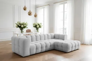 Ecksofa Designersofa SOLVIE in Stoff Moly Hellgrau Ottomane Rechts