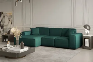 Ecksofa Designersofa CELES in Stoff Opera Velvet Opalgrün Ottomane Links
