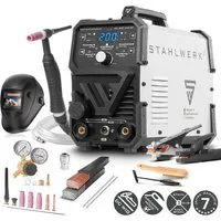 STAHLWERK Inverterschweißgerät DC WIG 200 ST IGBT mit MMA - Vollausstattung, 10 - 200 A, Packung}, 13-tlg., Vollausstattung, Set - Kombi WIG Schweißgerät mit 200 A und MMA